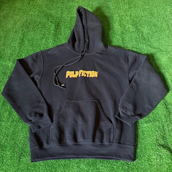 Pulp Fiction 90s Retro Style Kangaroo Pocket Black Hoodie Sweatshirt Size S - Picture 1 of 11